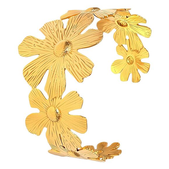 18K Gold Plated Women’s Wide Sunflower Floral Cuff Bracelet Bold Statement - Picture 1 of 11
